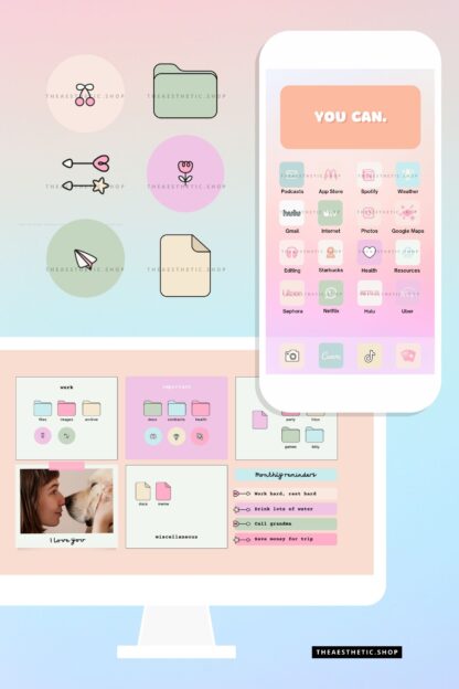 Pastel Aesthetic Tech Customization kit: 180 Phone + desktop icons, widgets & backgrounds