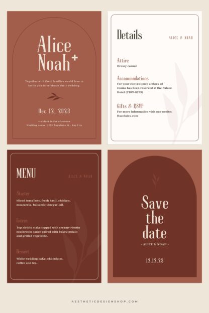 Chic Brown Wedding Canva templates - Wedding invitation, Save the Date, Menu, Mood board and more 1