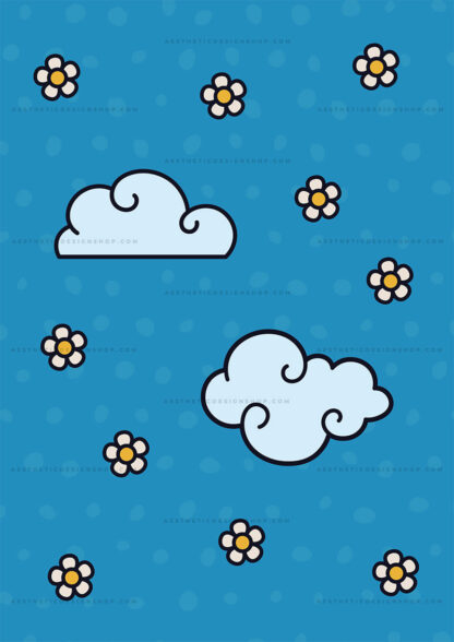 Clouds and flowers background Groovy aesthetic image for wall collage and creative projects