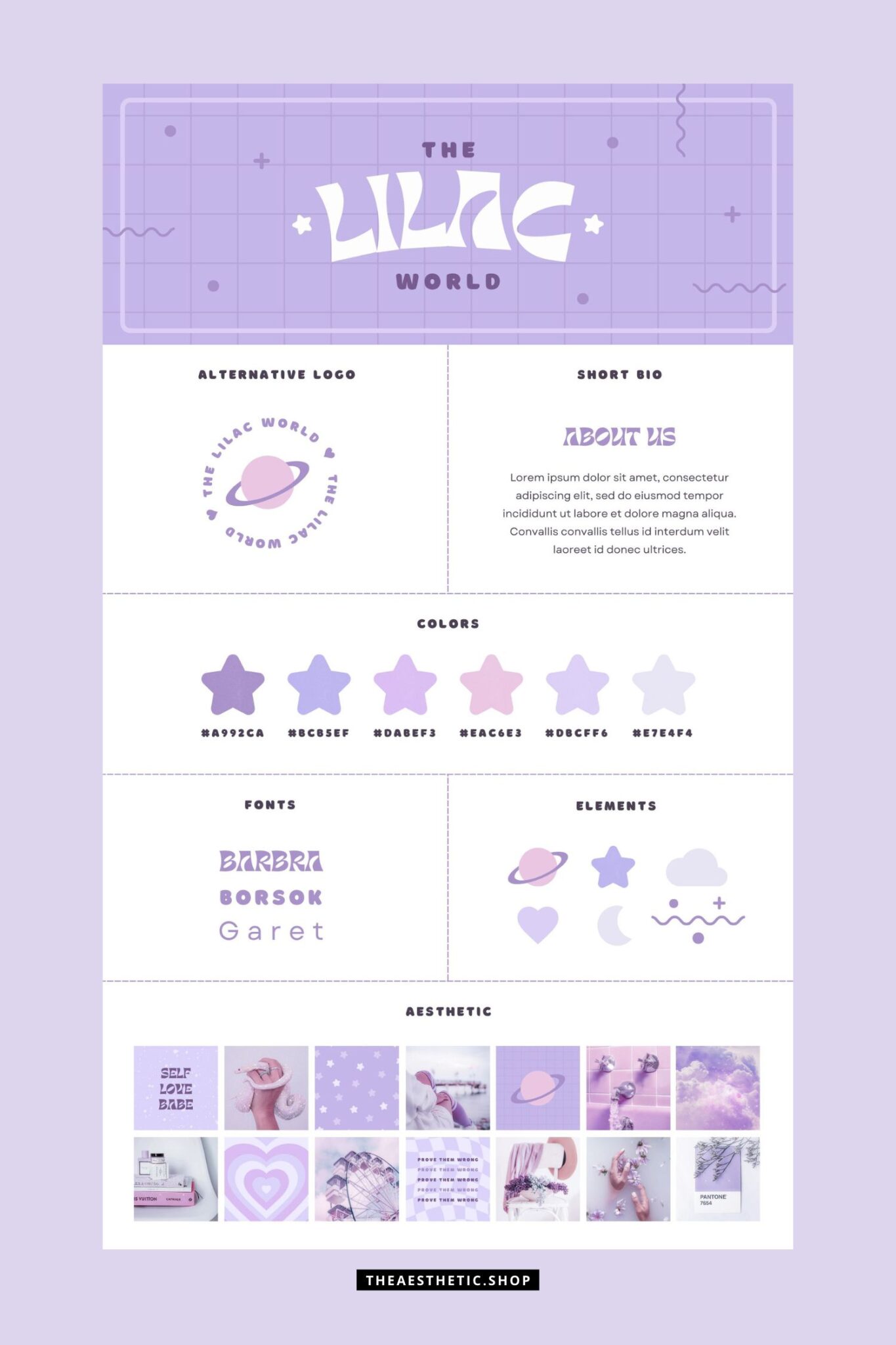 Lilac Editable Canva Brand Board Includes Logo Color Palette