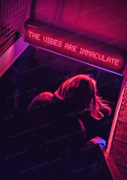 Aesthetic image of nightclub with neon sign that says "The Vibes are Immaculate"