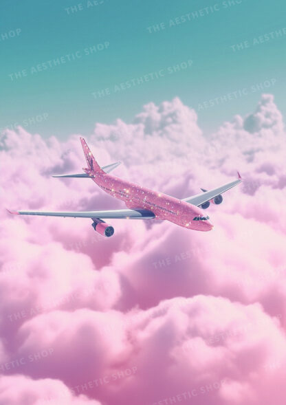 High resolution AI generated aesthetic image of a sparkly pink airplane flying in a pink sky