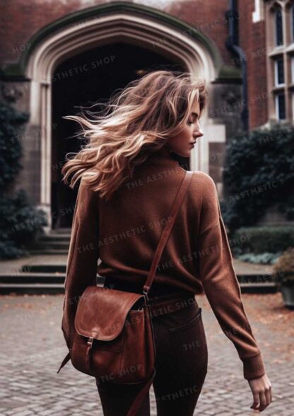 Dark academia aesthetic image of blonde woman dressed in brown