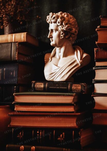 Dark academia aesthetic image of books and a bust statue
