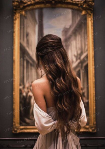 Dark academia aesthetic image of young long haired brunette in a museum starring at a painting