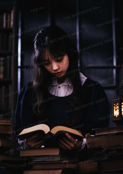 Dark academia aesthetic image of young asian woman reading a book in the library