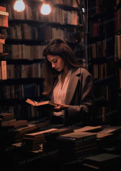 Dark academia aesthetic image of young woman reading book at the library