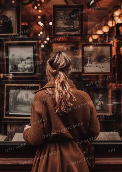 Dark academia aesthetic image of blonde woman looking at an antique shop