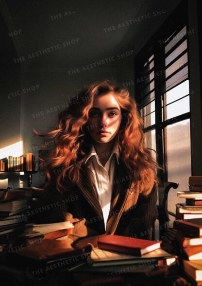 Dark academia aesthetic image of curly haired girl in library