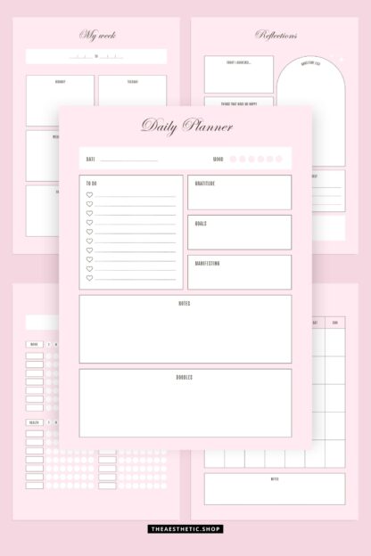 Perfect Pink Aesthetic Printable Planner (Daily, Weekly, Monthly, Reflections, habit tracker) PDF + Canva editable templates 1