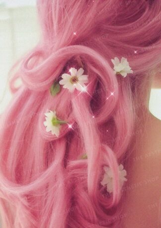 Fairycore aesthetic image of sparkly pink hair decorated with flowers