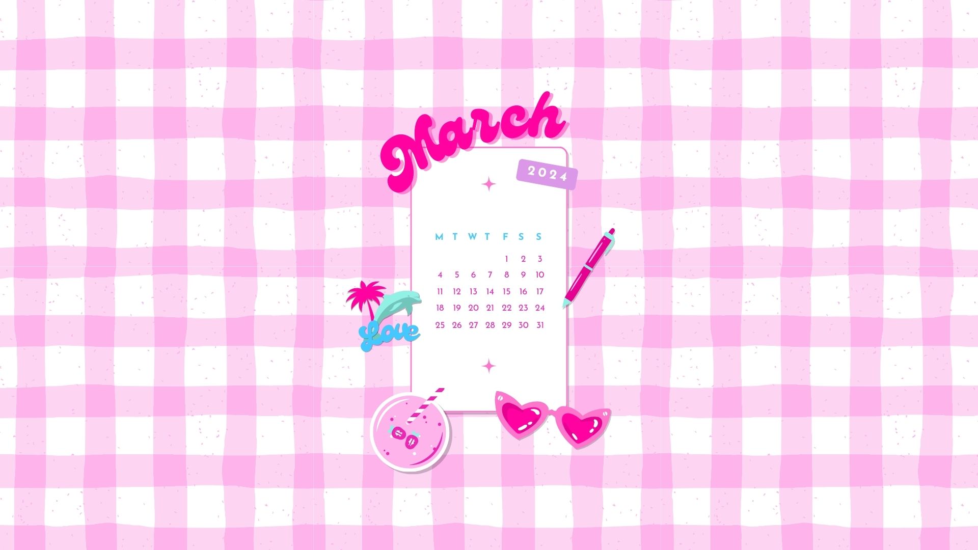march 2024 barbiecore aesthetic desktop background wallpaper calendar