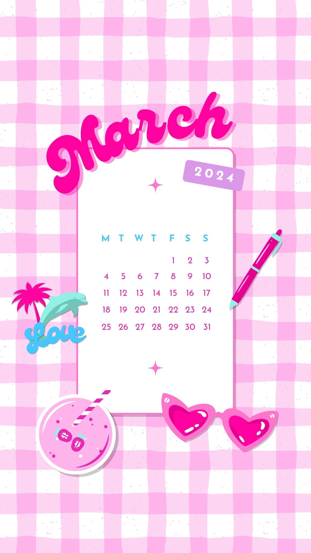march 2024 barbiecore aesthetic phone background wallpaper calendar