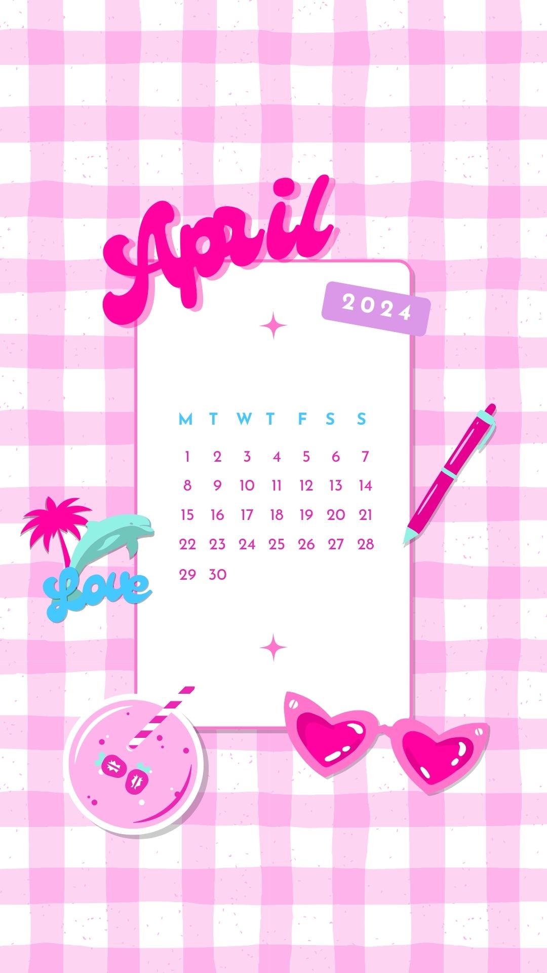 april 2024 barbiecore aesthetic phone background wallpaper calendar
