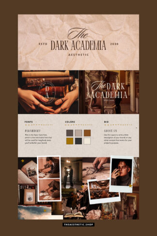 Dark Academia Aesthetic Canva editable brand board - Includes logo, color palette, aesthetic, fonts & more 1