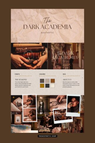 Dark Academia Aesthetic Canva editable brand board - Includes logo, color palette, aesthetic, fonts & more