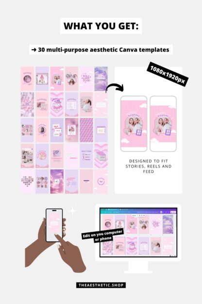 30 Easy-to-Edit Kawaii Aesthetic Social Media Canva Templates - to use on Stories, Reels or feed - Image 2