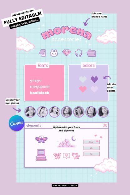 Kawaii Aesthetic Canva editable brand board - Includes logo, color palette, aesthetic, fonts & more