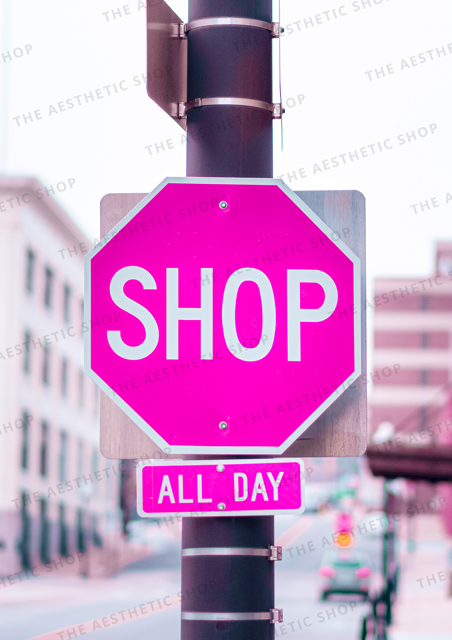 aesthetic image pink stop signe says shop all day